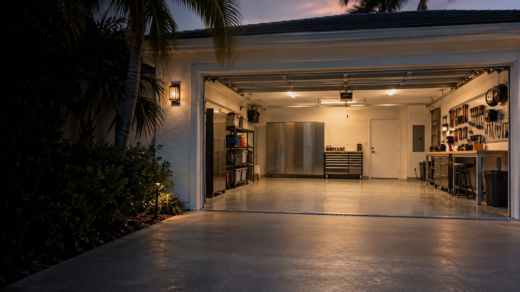 Open two-car garage of a Florida home at dusk, tidy interior with a pegboard wall and workbench