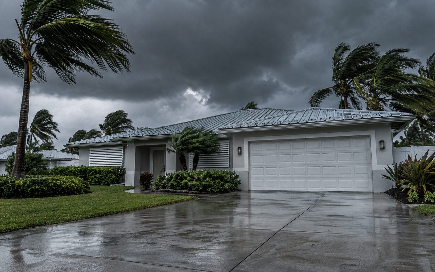 Florida home with a closed white garage door under a dark storm sky, palms bending in the wind