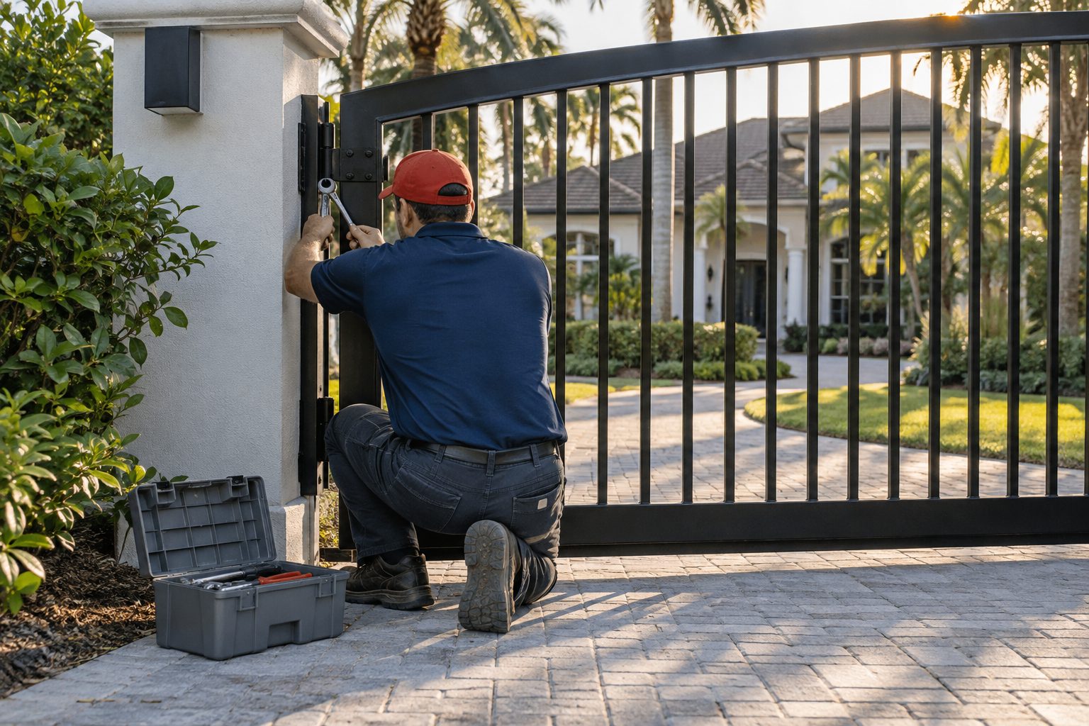 Technician kneeling to adjust the hinge of a black aluminum swing gate with a wrench